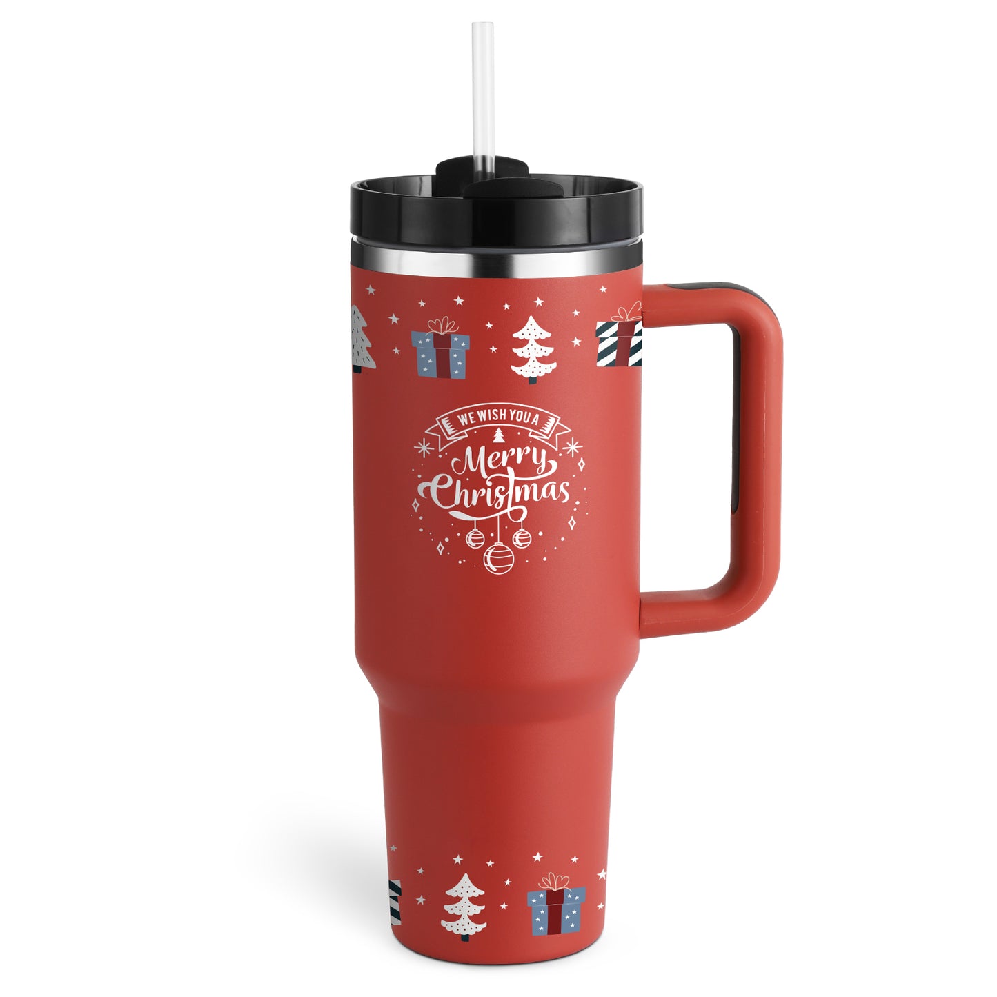 Taza térmica navideña Taza aislante de café con paja de 40 oz con asa Botella de agua portátil de acero inoxidable para automóvil Taza térmica sin BPA de viaje de gran capacidad