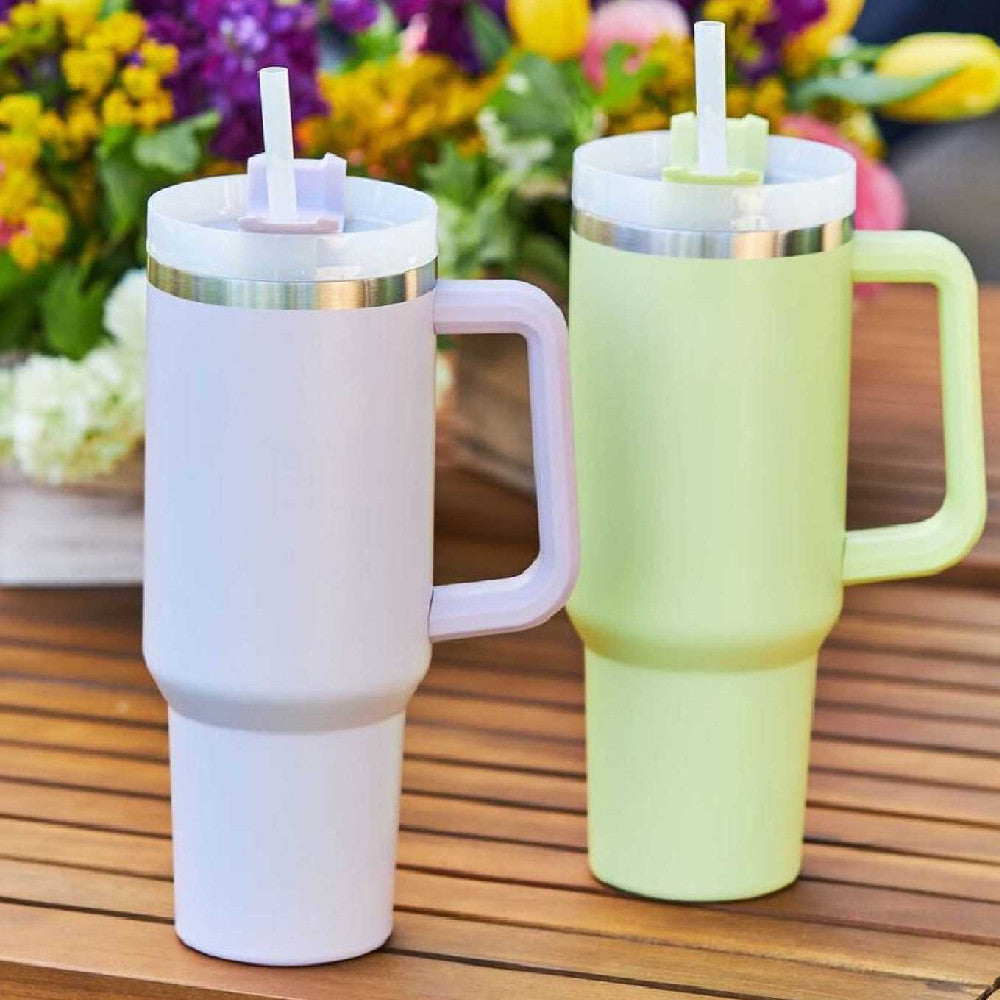 Taza térmica navideña Taza aislante de café con paja de 40 oz con asa Botella de agua portátil de acero inoxidable para automóvil Taza térmica sin BPA de viaje de gran capacidad