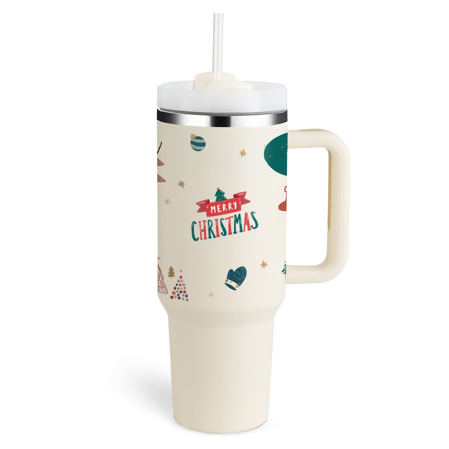Taza térmica navideña Taza aislante de café con paja de 40 oz con asa Botella de agua portátil de acero inoxidable para automóvil Taza térmica sin BPA de viaje de gran capacidad