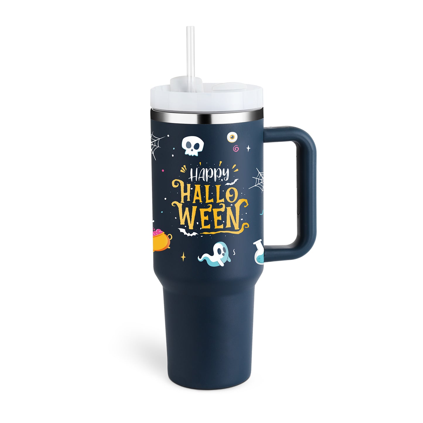 Taza térmica navideña Taza aislante de café con paja de 40 oz con asa Botella de agua portátil de acero inoxidable para automóvil Taza térmica sin BPA de viaje de gran capacidad
