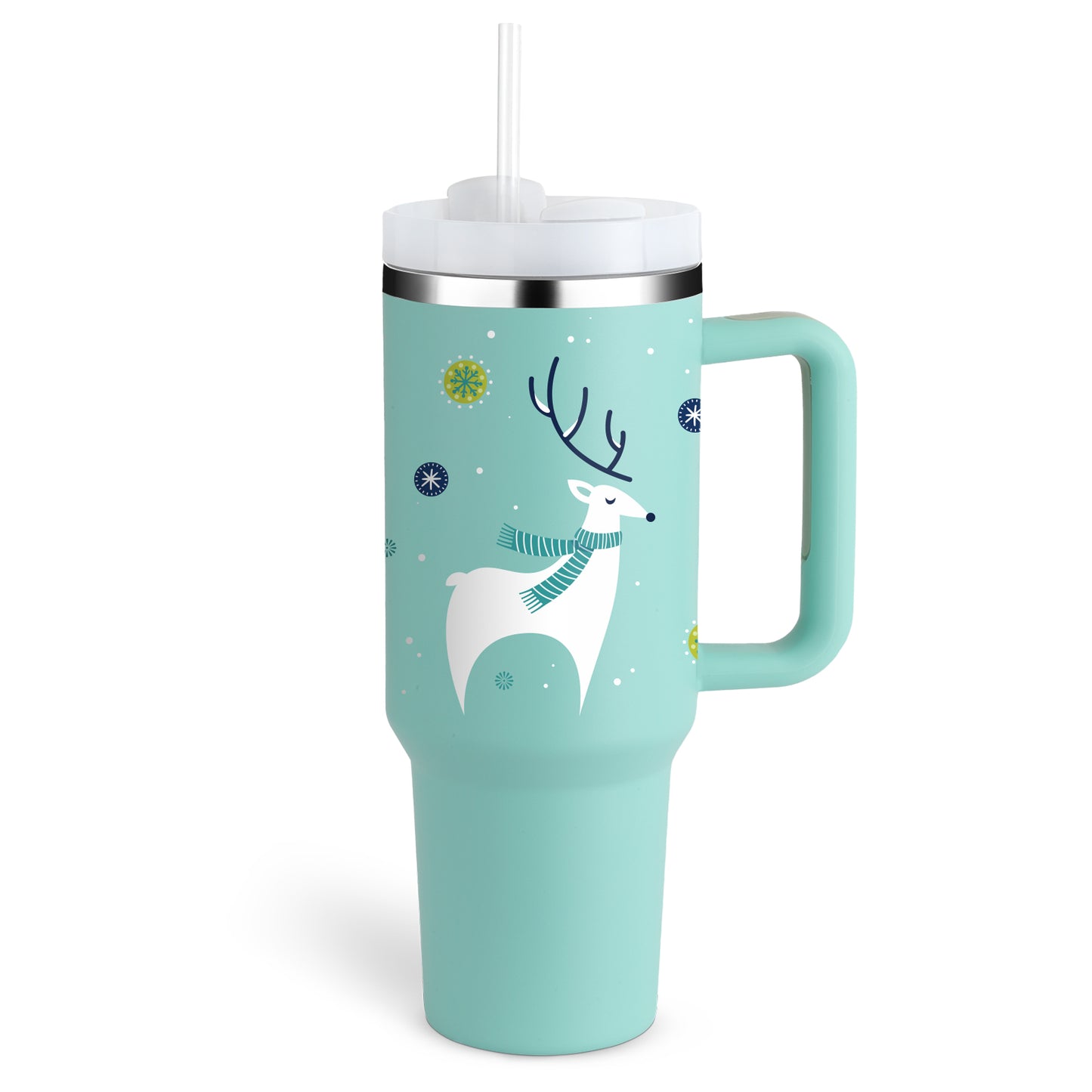 Taza térmica navideña Taza aislante de café con paja de 40 oz con asa Botella de agua portátil de acero inoxidable para automóvil Taza térmica sin BPA de viaje de gran capacidad
