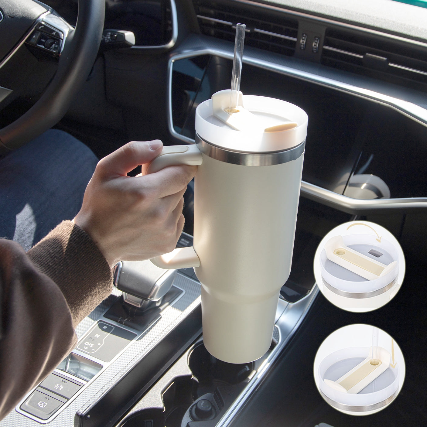 Taza térmica navideña Taza aislante de café con paja de 40 oz con asa Botella de agua portátil de acero inoxidable para automóvil Taza térmica sin BPA de viaje de gran capacidad