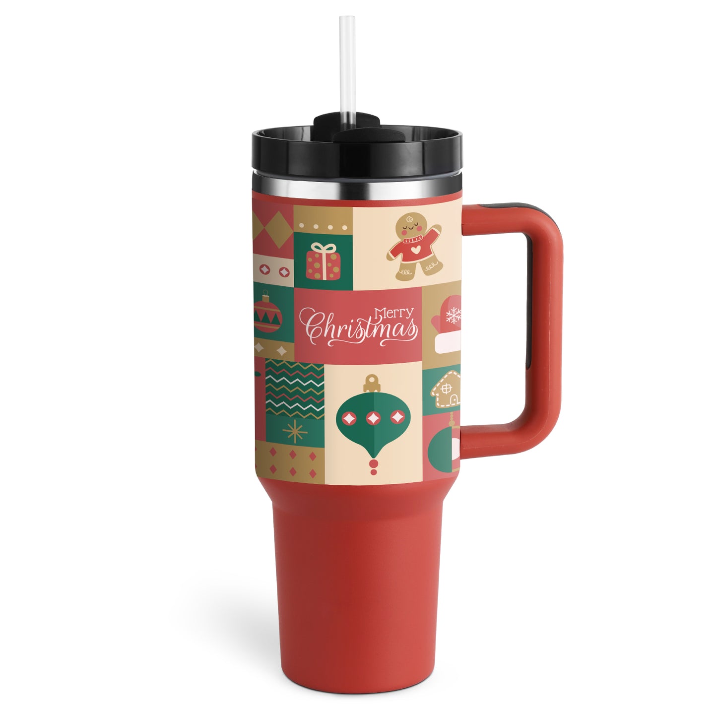 Taza térmica navideña Taza aislante de café con paja de 40 oz con asa Botella de agua portátil de acero inoxidable para automóvil Taza térmica sin BPA de viaje de gran capacidad