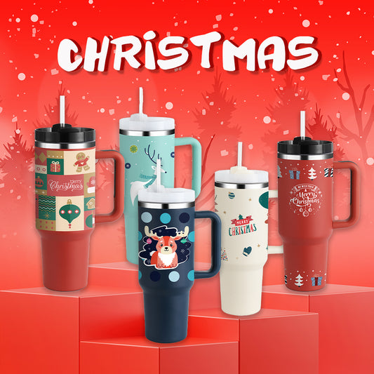 Taza térmica navideña Taza aislante de café con paja de 40 oz con asa Botella de agua portátil de acero inoxidable para automóvil Taza térmica sin BPA de viaje de gran capacidad